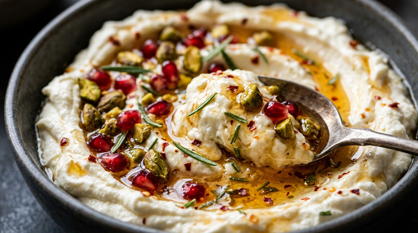 Ultra close-up macro of creamy honey rosemary whipped feta dip with toasted pistachios and pomegranate seeds