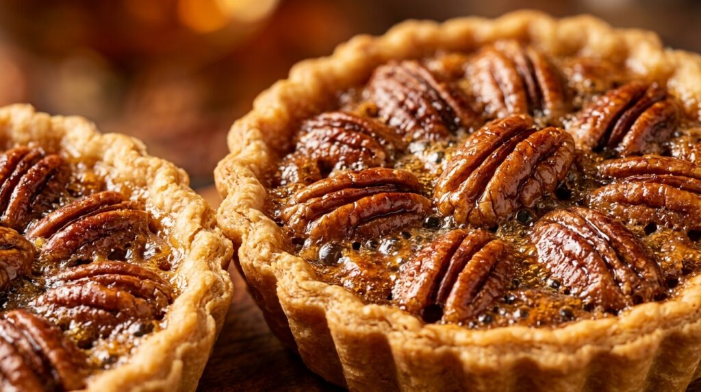 Flaky mini pecan pies in muffin tin with gooey brown sugar filling and toasted pecans macro