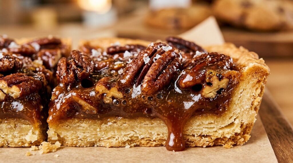 Ultra close-up macro of flaky salted caramel pecan pie bars with golden shortbread crust and bubbling toasted pecans
