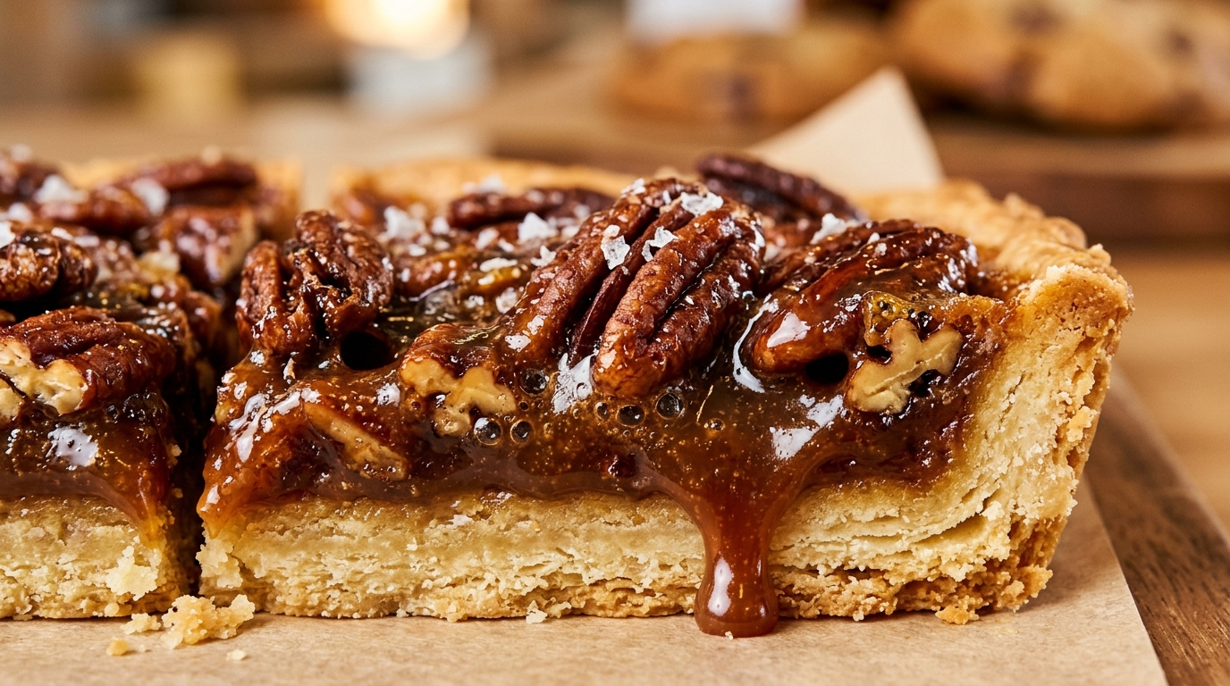 Ultra close-up macro of flaky salted caramel pecan pie bars with golden shortbread crust and bubbling toasted pecans