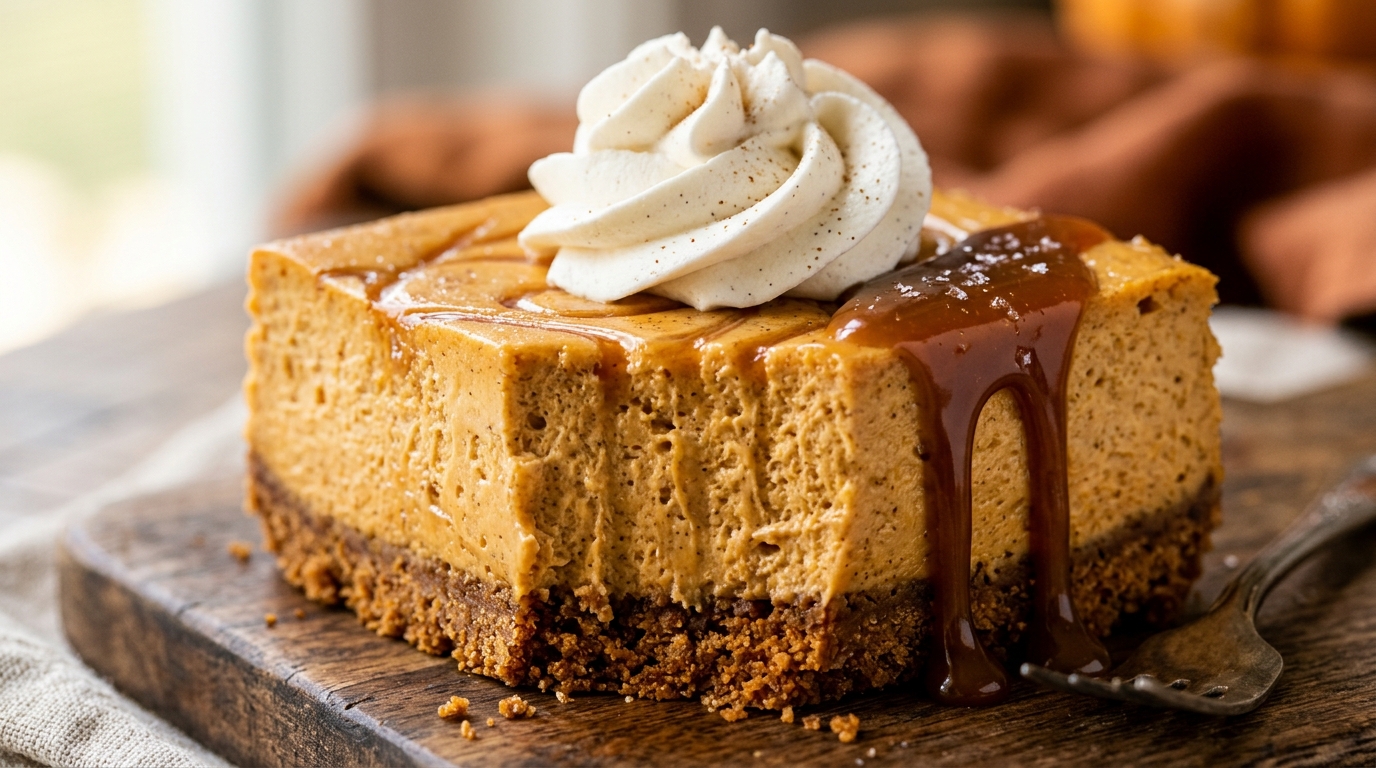 Ultra close-up macro of velvety pumpkin cheesecake bars with gingersnap crust and whipped cream