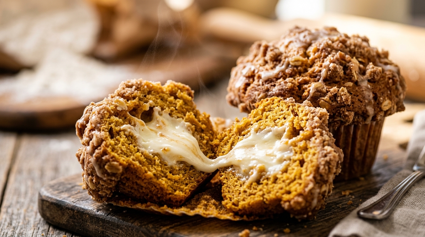 Ultra close-up macro of bakery-style pumpkin cream cheese muffin split open showing molten cheesecake center