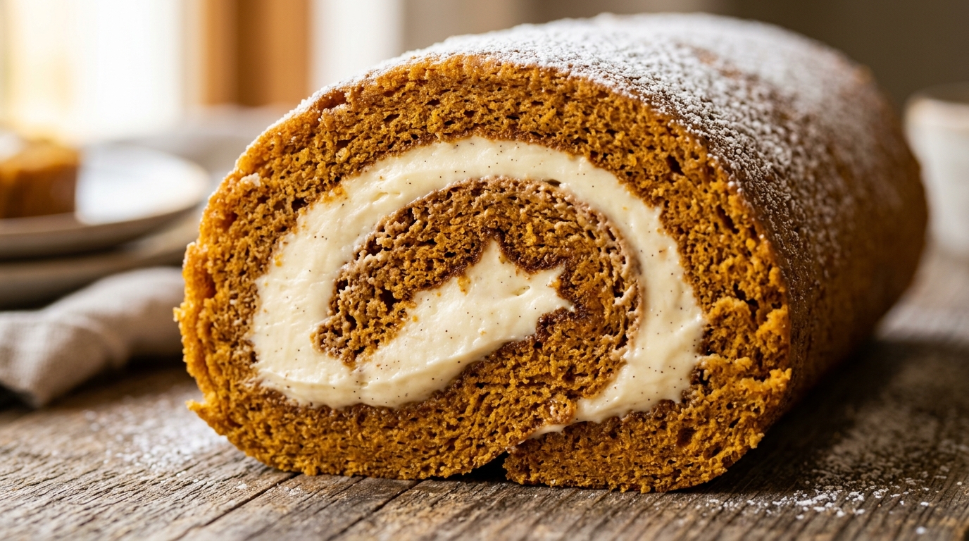 Ultra close-up macro of classic pumpkin roll with tight spiced sponge spiral and thick cream cheese filling