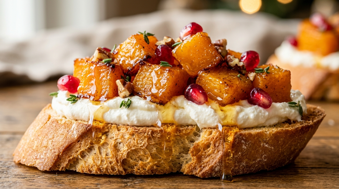 Ultra close-up macro of roasted butternut squash and goat cheese crostini with honey drizzle, pecans, and fresh thyme