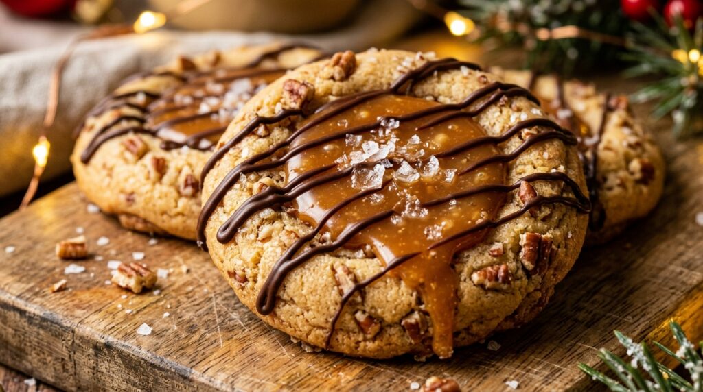 Ultra close-up macro of freshly baked golden buttery salted caramel thumbprint cookies with gooey caramel pool and chocolate drizzle