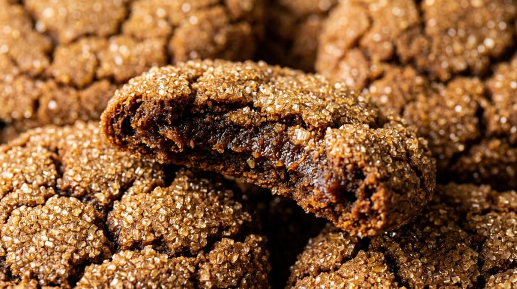 Ultra close-up macro of soft and chewy ginger molasses cookies with crackled tops and sparkling coarse sugar