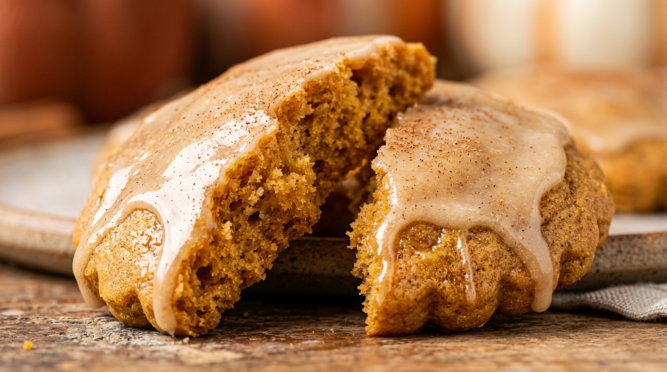 Ultra close-up macro of soft glazed pumpkin cookie broken in half showing pillowy spiced crumb and sweet vanilla maple glaze dripping over edges