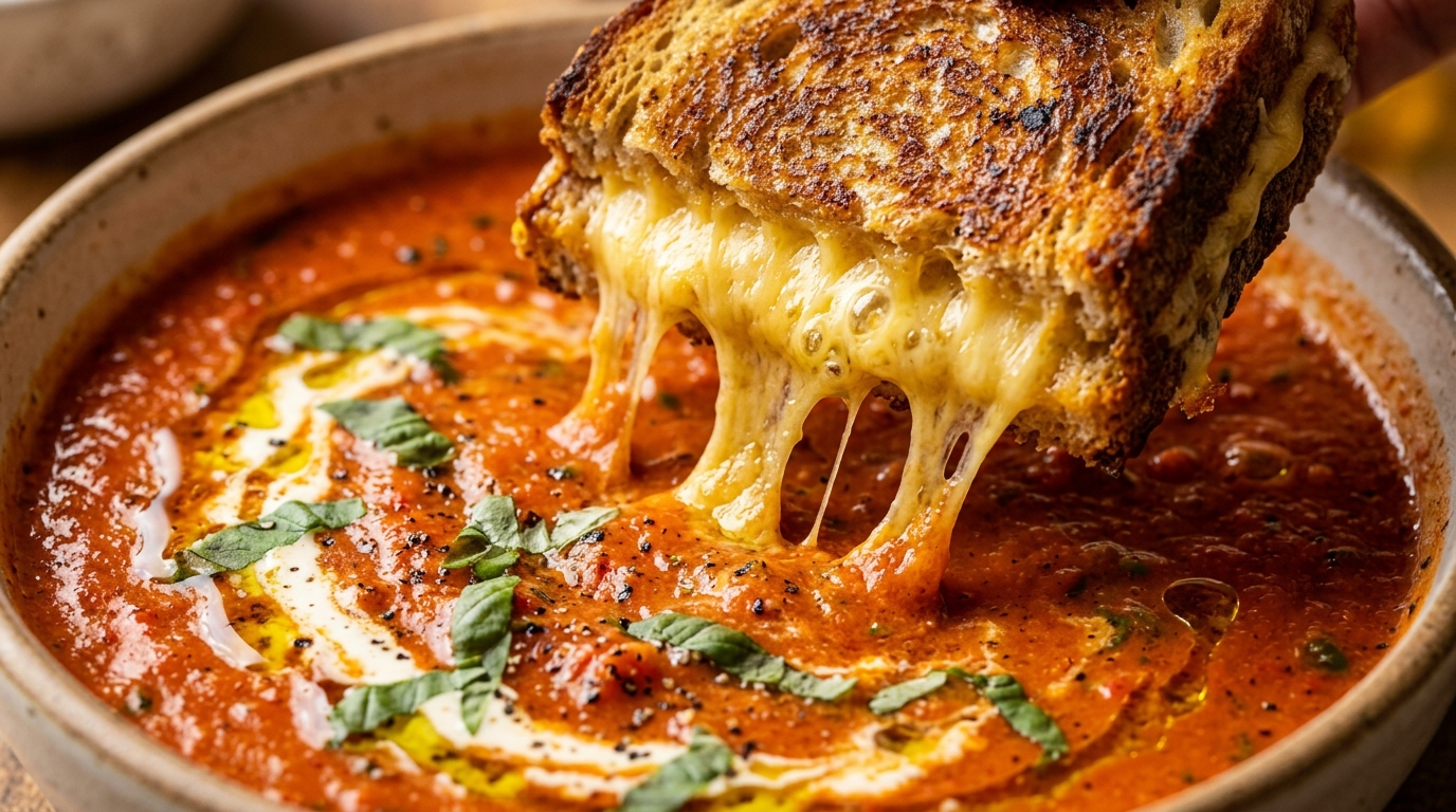 Creamy roasted tomato basil soup ultra close up macro with melted grilled cheese pull