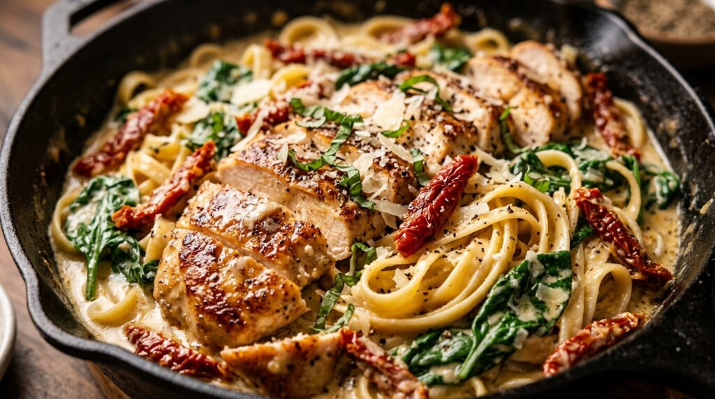 Creamy Tuscan garlic chicken pasta in skillet with sun-dried tomatoes and spinach