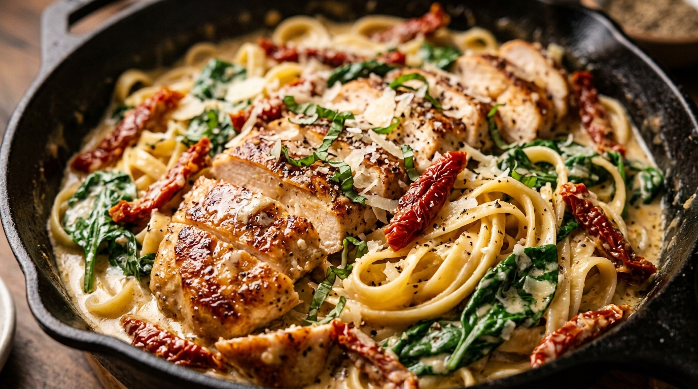Ultra close-up macro of creamy Tuscan garlic chicken pasta in cast iron skillet with sun-dried tomatoes and spinach