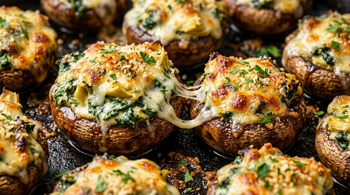 Ultra close-up macro of bubbling golden spinach artichoke stuffed cremini mushrooms with melted mozzarella and parmesan cheese pull